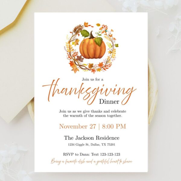 Editable Join us for a Thanksgiving Dinner Invite Template